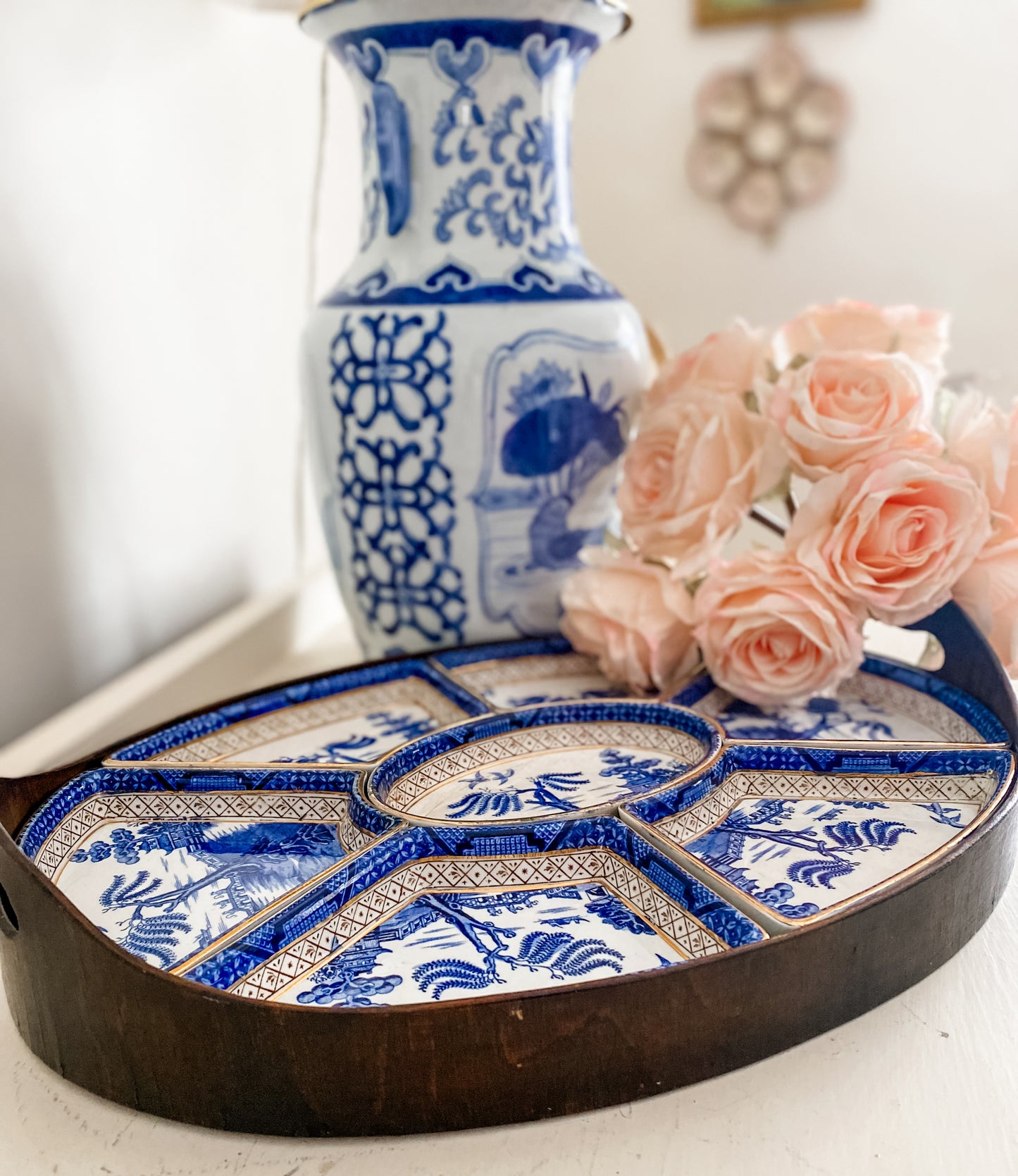 Rare Booths Real Old Willow Puzzle-Style Porcelain Serving Tray with Wooden Frame