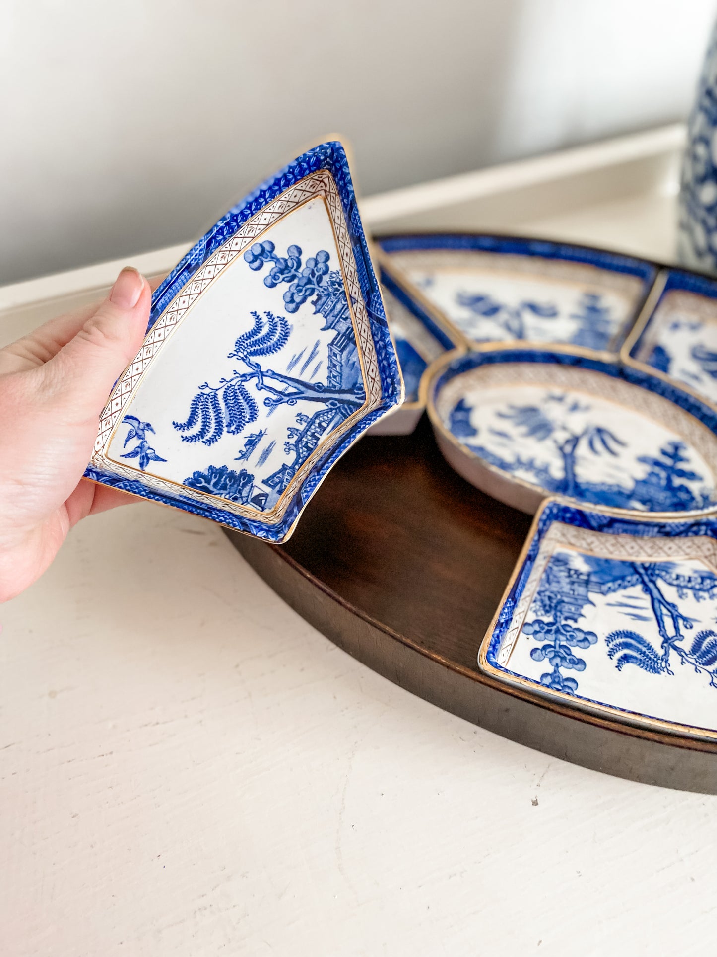 Rare Booths Real Old Willow Puzzle-Style Porcelain Serving Tray with Wooden Frame