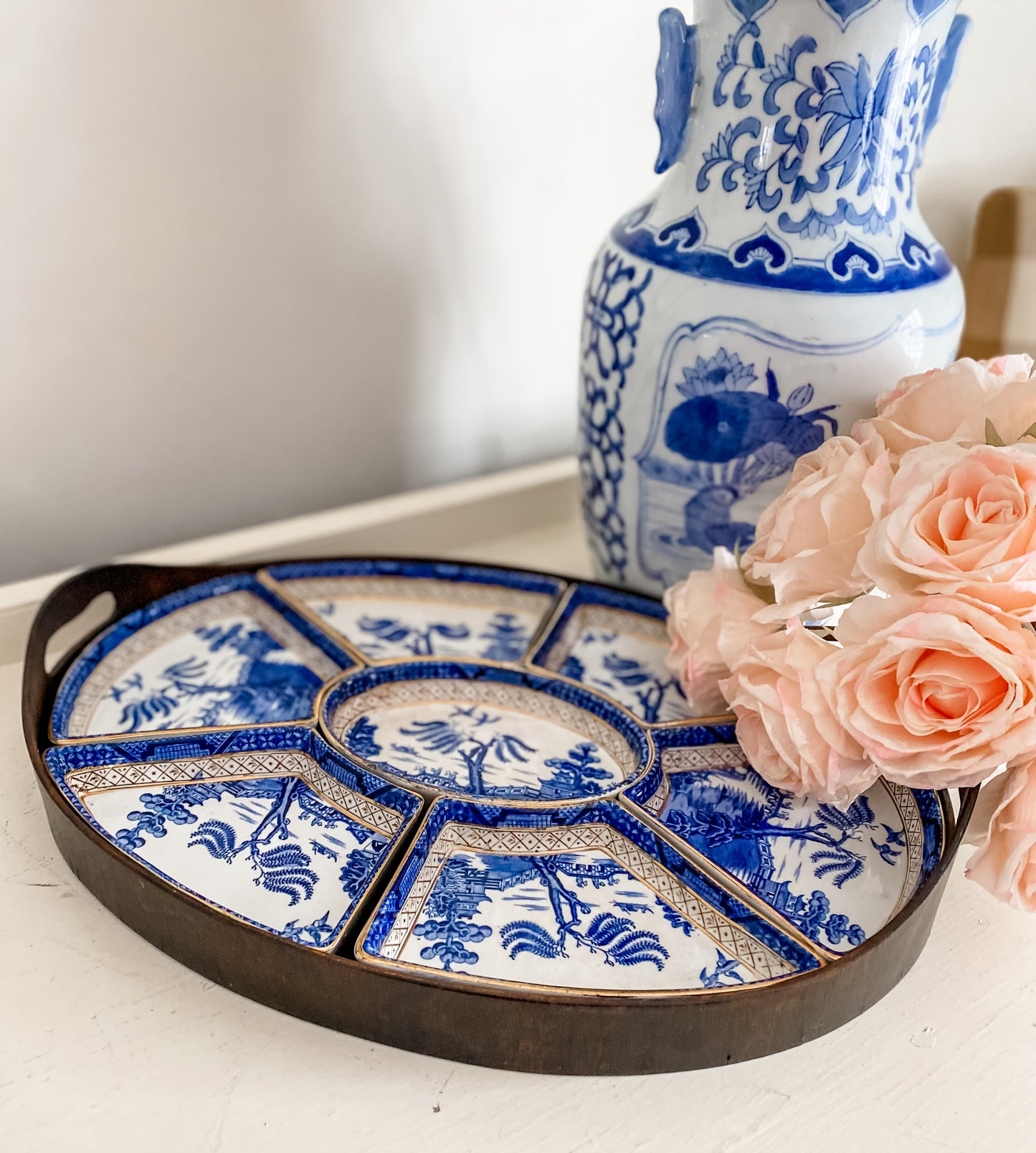 Rare Booths Real Old Willow Puzzle-Style Porcelain Serving Tray with Wooden Frame