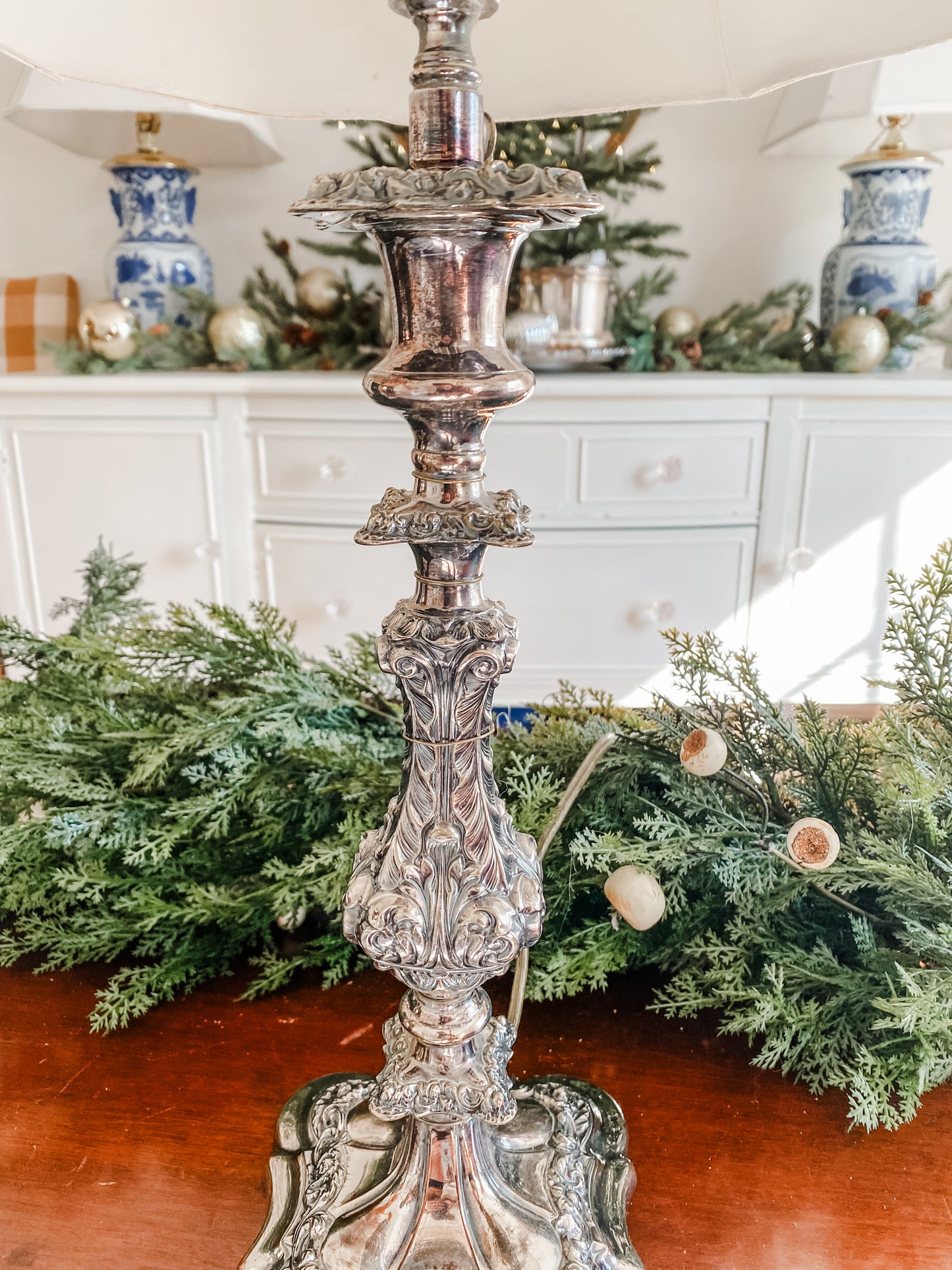 Antique Candlestick Lamps-Silver on Copper with Silk Shades