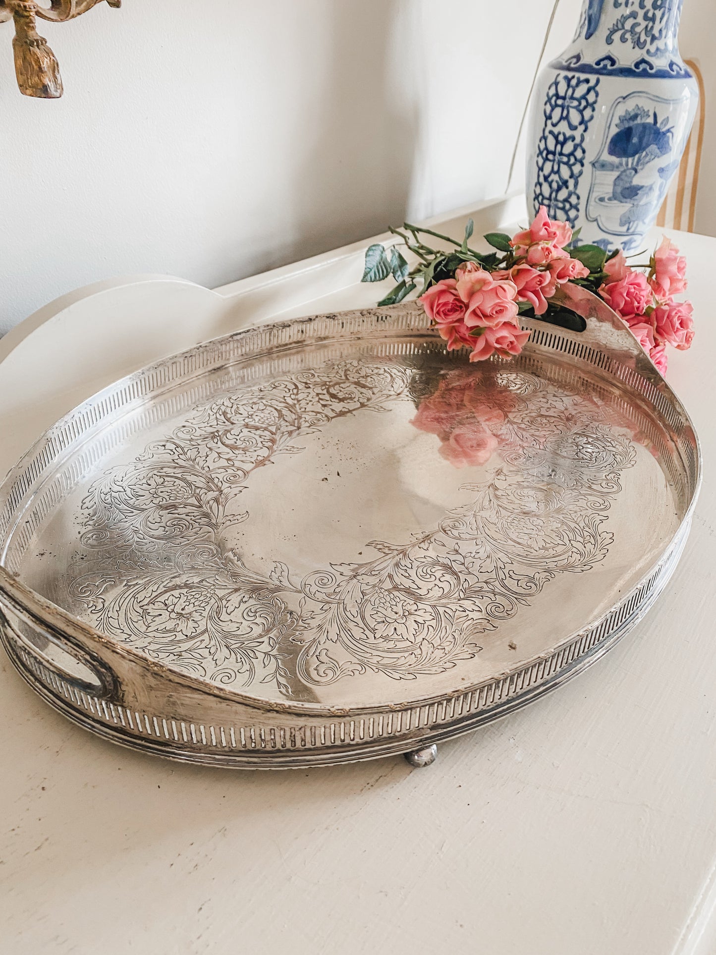 Large 1800s Antique Silverplate Gallery Tray – Footed Base, Etched Center & Ornate Rail