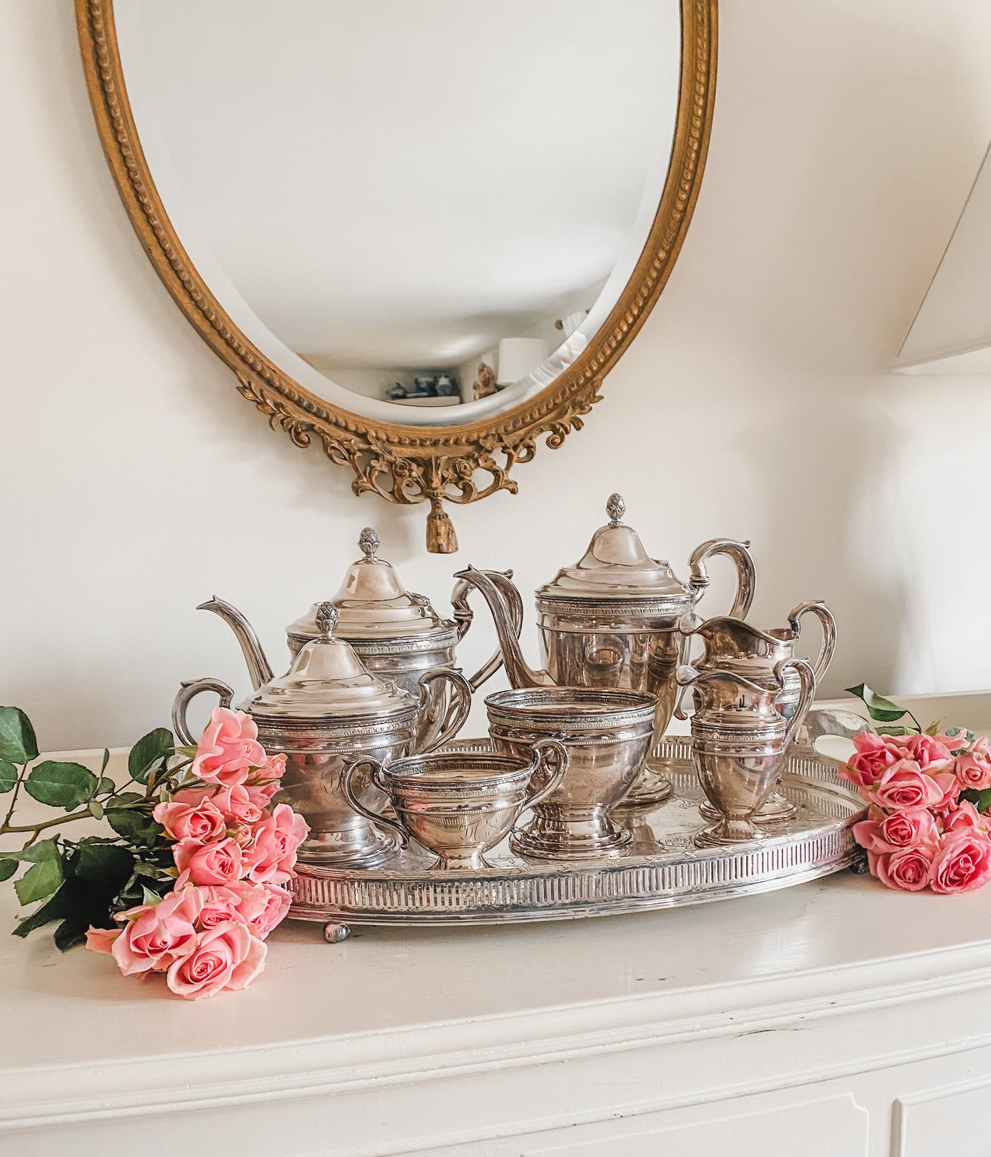 Large 1800s Antique Silverplate Gallery Tray – Footed Base, Etched Center & Ornate Rail