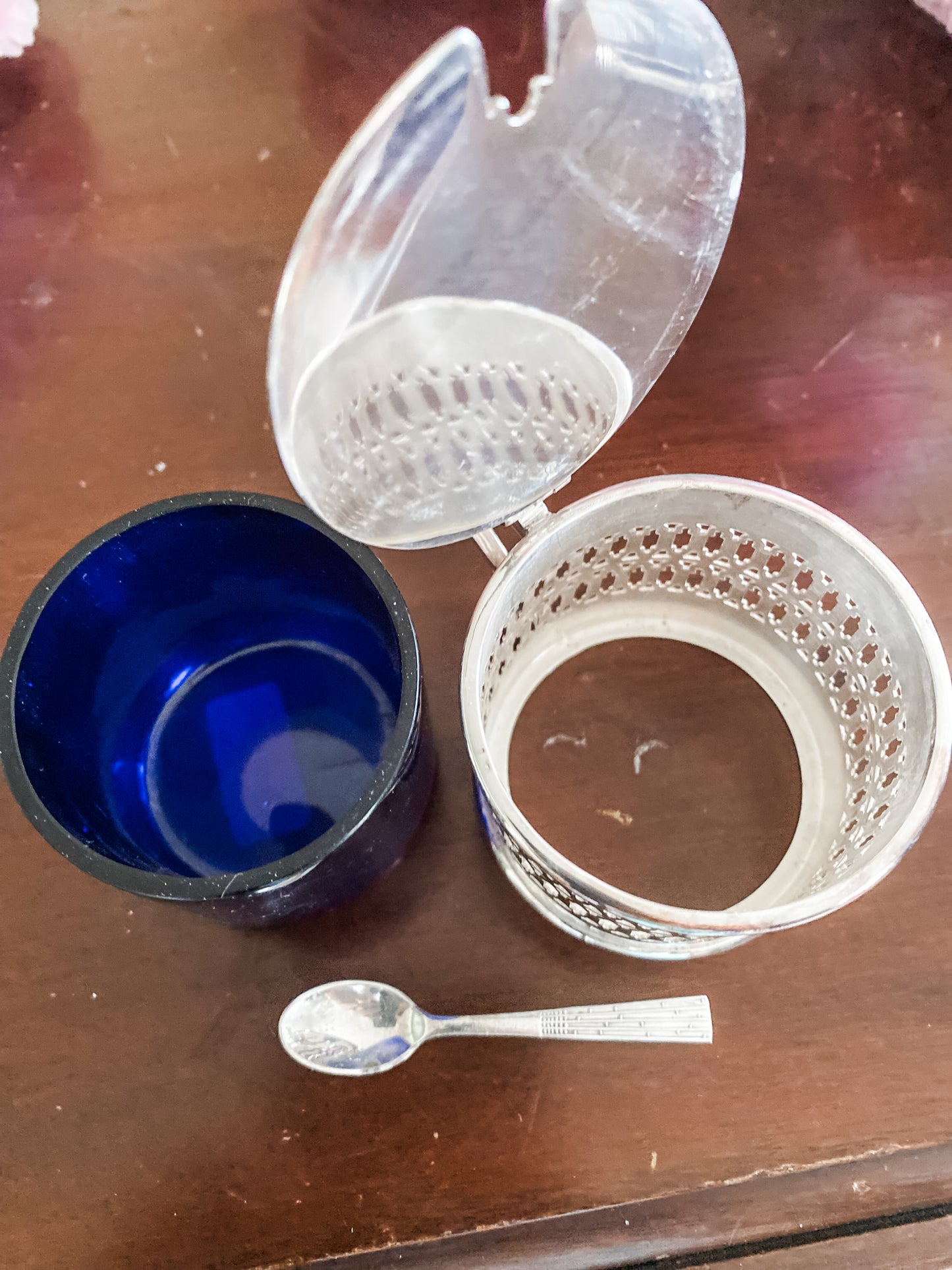 Antique Reticulated Silver Jar With Cobalt Blue Liner