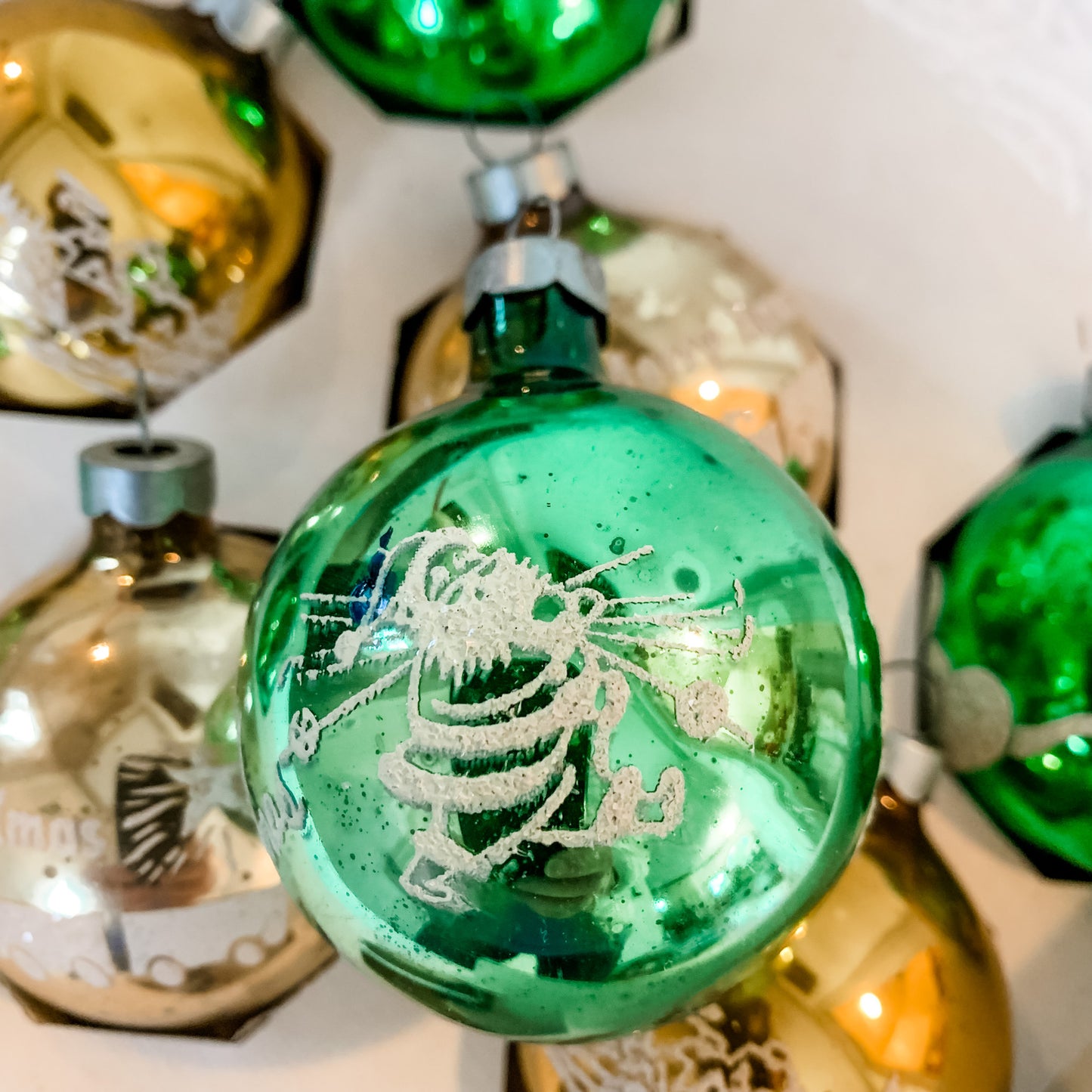 8 Festive Mid Century Green and Gold Glass Christmas Ornaments